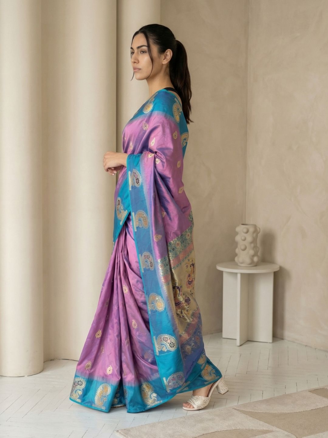 Lavender Soft Silk Paithani Saree Meenakari Peacock Motifs Zari Woven Swan Pallu Saree With Brocade Blouse