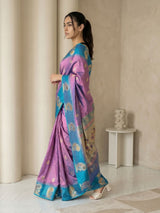 Lavender Soft Silk Paithani Saree Meenakari Peacock Motifs Zari Woven Swan Pallu Saree With Brocade Blouse