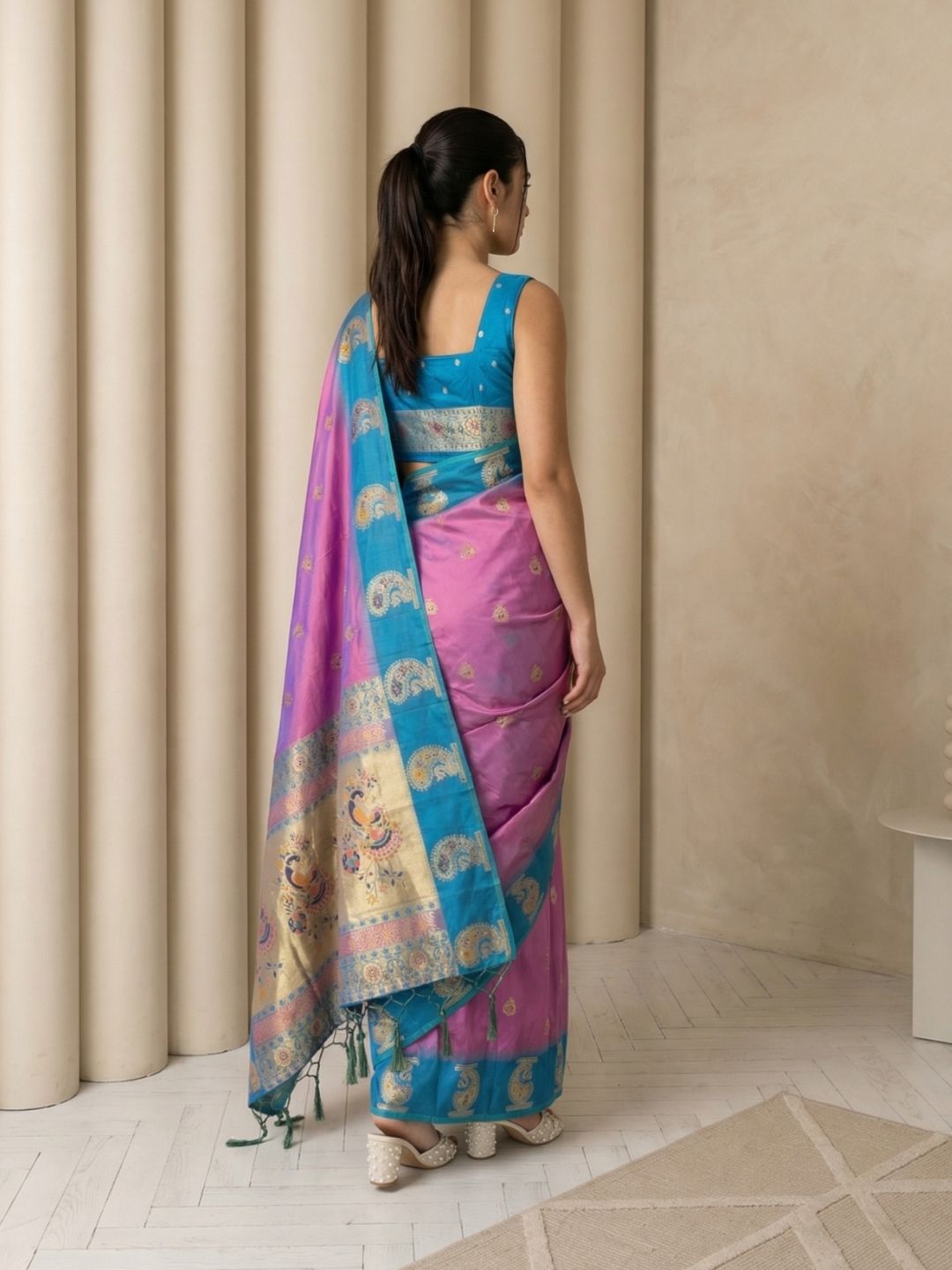 Lavender Soft Silk Paithani Saree Meenakari Peacock Motifs Zari Woven Swan Pallu Saree With Brocade Blouse
