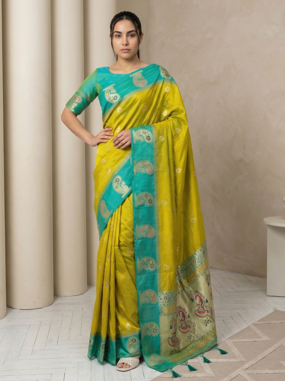 Mehendi Soft Silk Paithani Saree Meenakari Peacock Motifs Zari Woven Swan Pallu Saree With Brocade Blouse