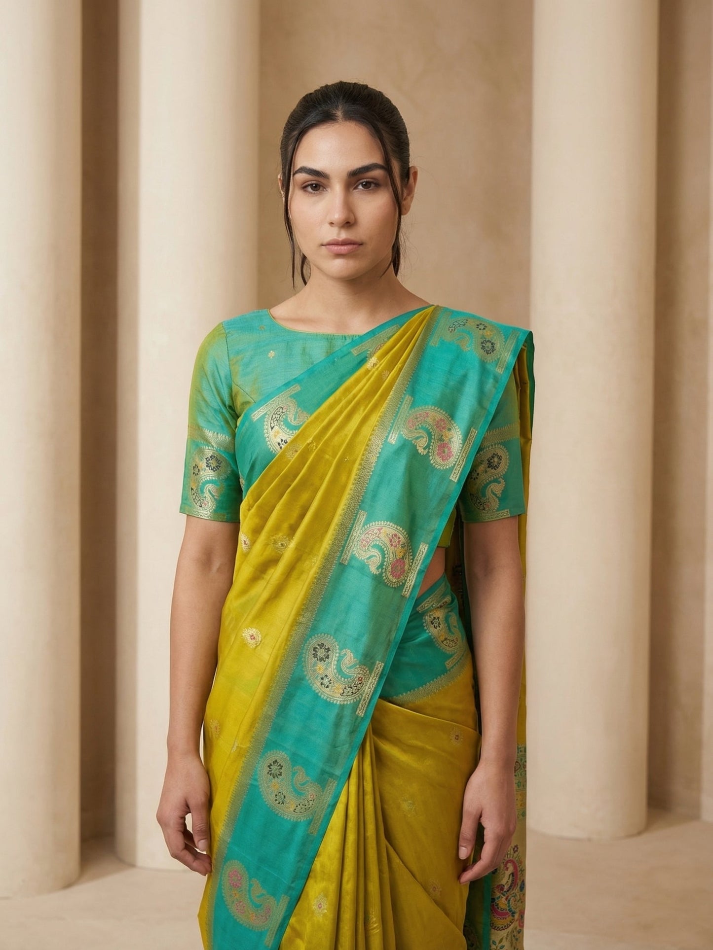 Mehendi Soft Silk Paithani Saree Meenakari Peacock Motifs Zari Woven Swan Pallu Saree With Brocade Blouse