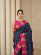 Navy Soft Silk Paithani Saree Meenakari Peacock Motifs Zari Woven Swan Pallu Saree With Brocade Blouse