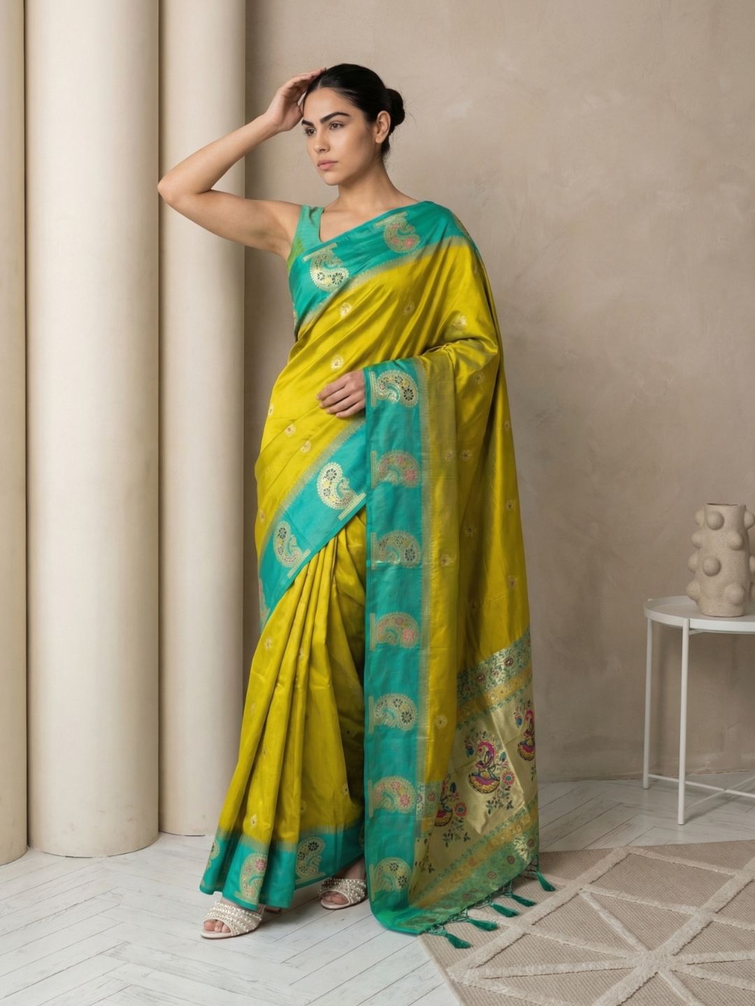 Mehendi Soft Silk Paithani Saree Meenakari Peacock Motifs Zari Woven Swan Pallu Saree With Brocade Blouse