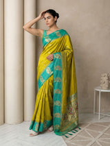 Mehendi Soft Silk Paithani Saree Meenakari Peacock Motifs Zari Woven Swan Pallu Saree With Brocade Blouse