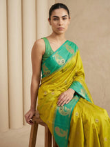 Mehendi Soft Silk Paithani Saree Meenakari Peacock Motifs Zari Woven Swan Pallu Saree With Brocade Blouse