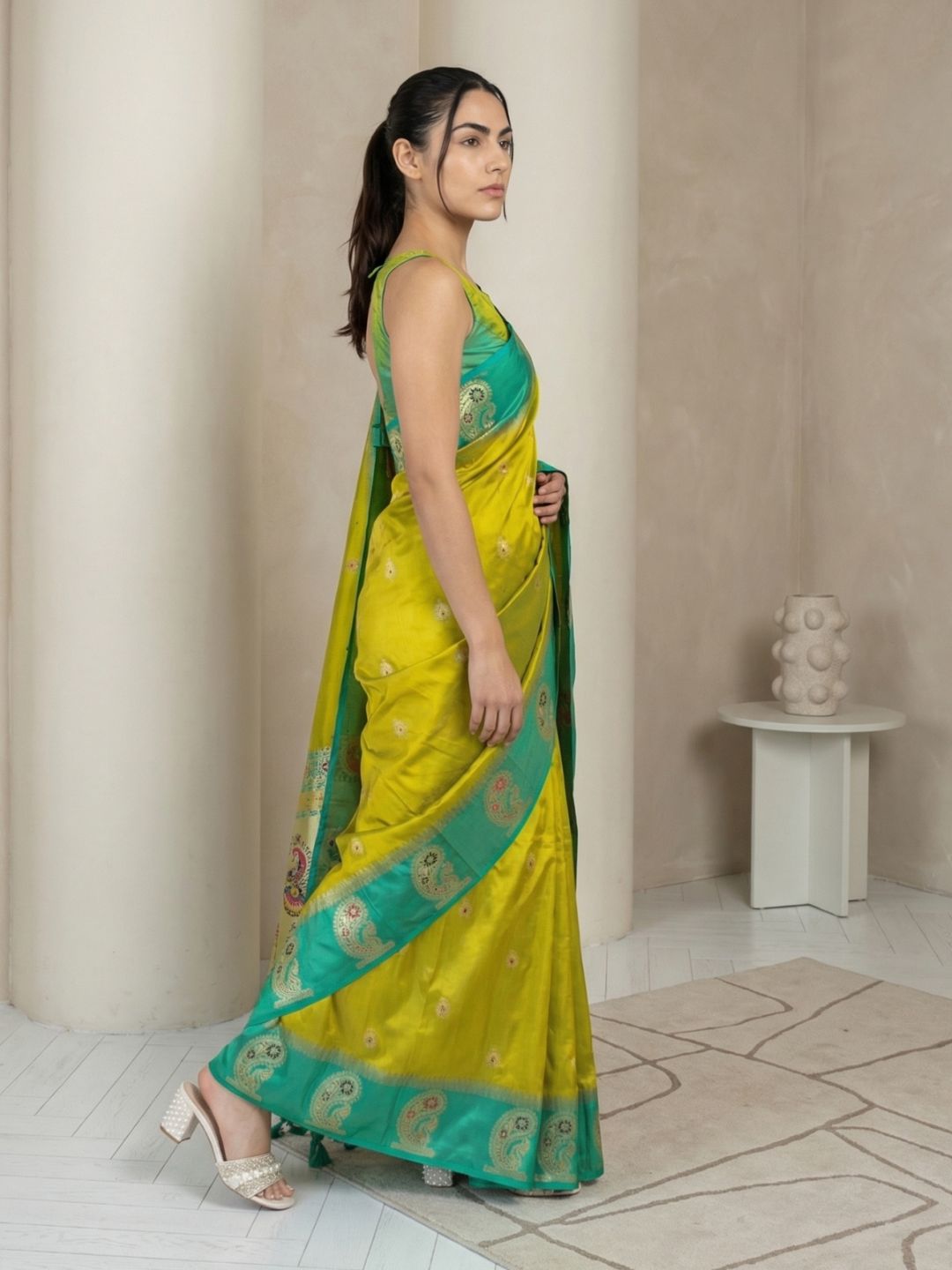 Mehendi Soft Silk Paithani Saree Meenakari Peacock Motifs Zari Woven Swan Pallu Saree With Brocade Blouse