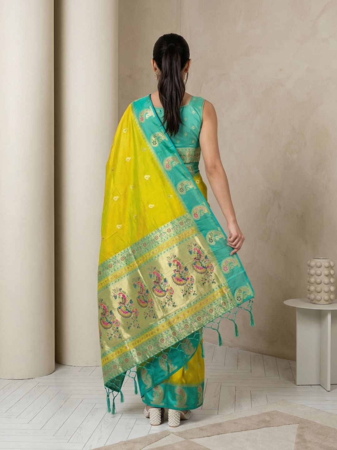 Mehendi Soft Silk Paithani Saree Meenakari Peacock Motifs Zari Woven Swan Pallu Saree With Brocade Blouse