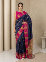 Navy Soft Silk Paithani Saree Meenakari Peacock Motifs Zari Woven Swan Pallu Saree With Brocade Blouse