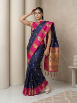 Navy Soft Silk Paithani Saree Meenakari Peacock Motifs Zari Woven Swan Pallu Saree With Brocade Blouse