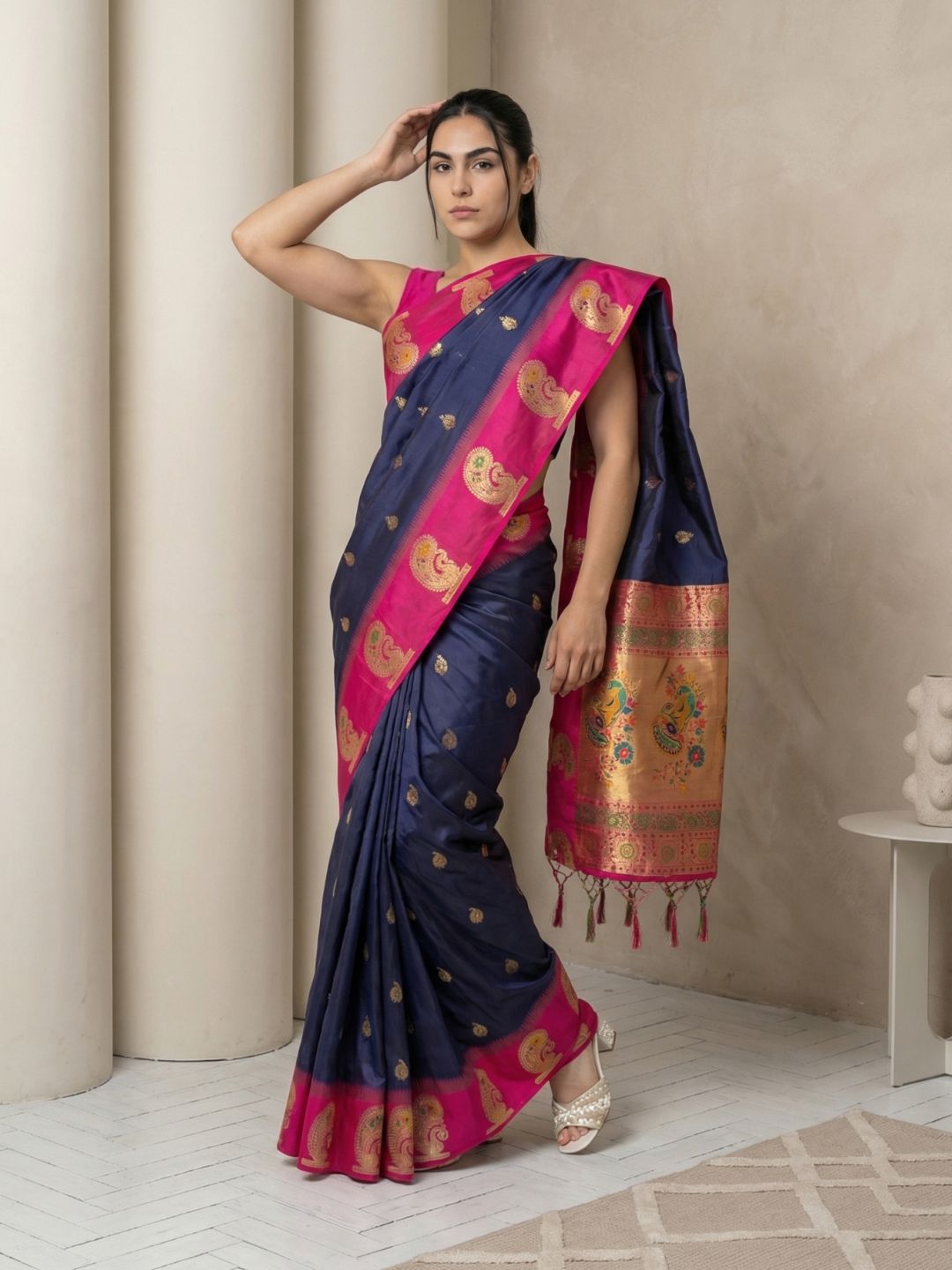 Navy Soft Silk Paithani Saree Meenakari Peacock Motifs Zari Woven Swan Pallu Saree With Brocade Blouse