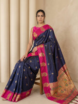 Navy Soft Silk Paithani Saree Meenakari Peacock Motifs Zari Woven Swan Pallu Saree With Brocade Blouse