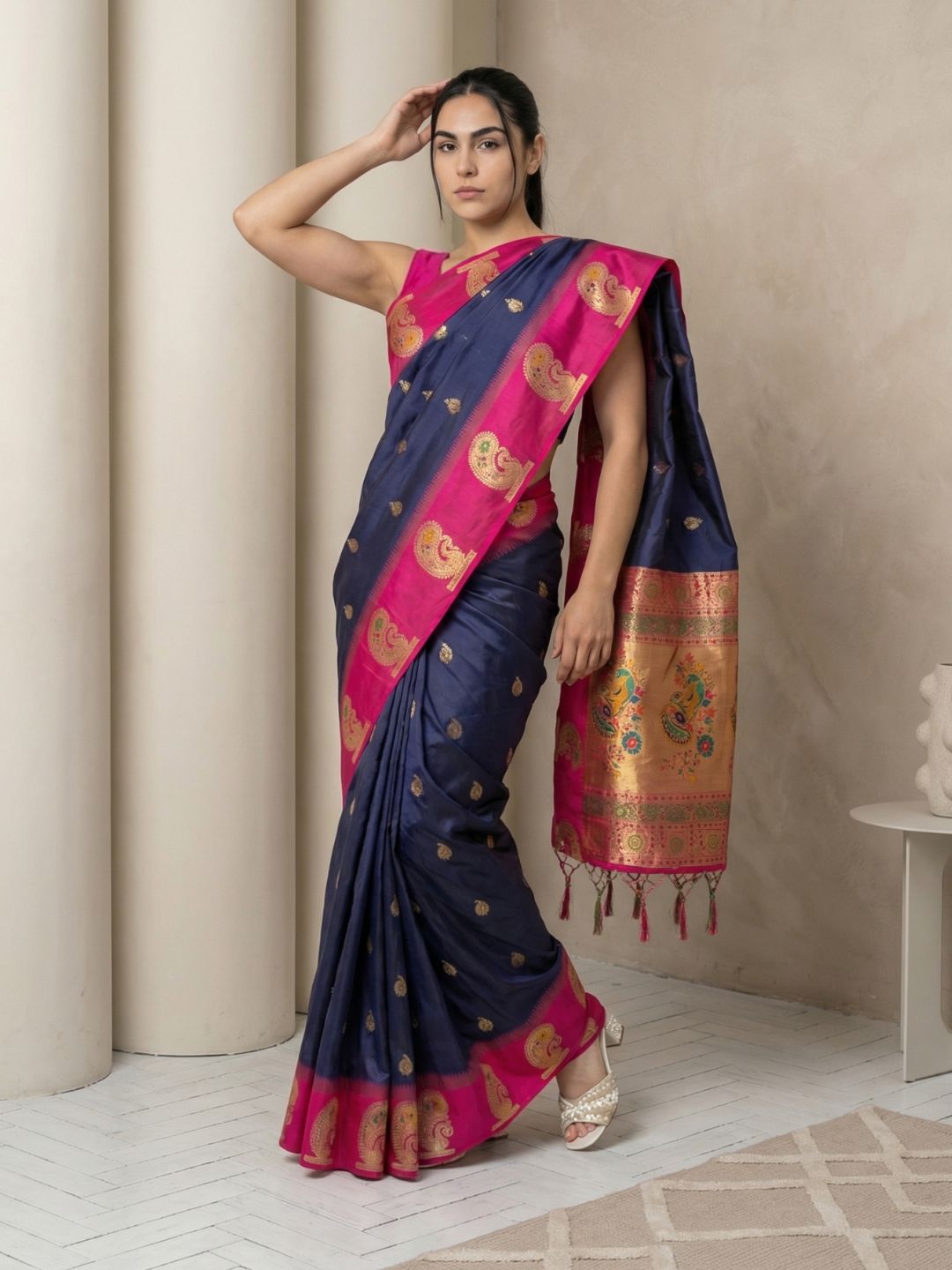 Navy Soft Silk Paithani Saree Meenakari Peacock Motifs Zari Woven Swan Pallu Saree With Brocade Blouse