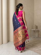 Navy Soft Silk Paithani Saree Meenakari Peacock Motifs Zari Woven Swan Pallu Saree With Brocade Blouse
