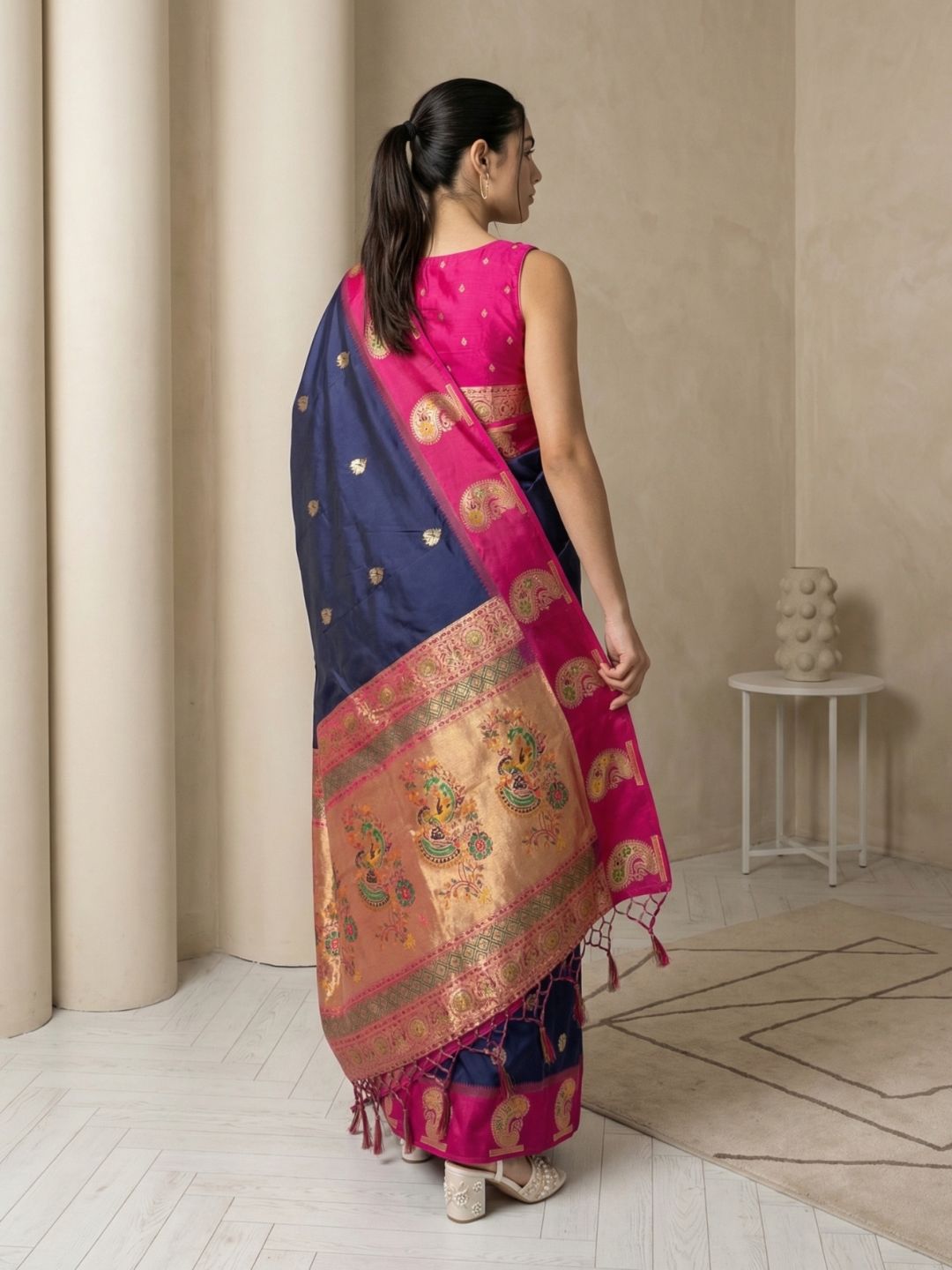 Navy Soft Silk Paithani Saree Meenakari Peacock Motifs Zari Woven Swan Pallu Saree With Brocade Blouse