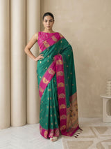 PGreen Soft Silk Paithani Saree Meenakari Peacock Motifs Zari Woven Swan Pallu Saree With Brocade Blouse