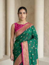 PGreen Soft Silk Paithani Saree Meenakari Peacock Motifs Zari Woven Swan Pallu Saree With Brocade Blouse