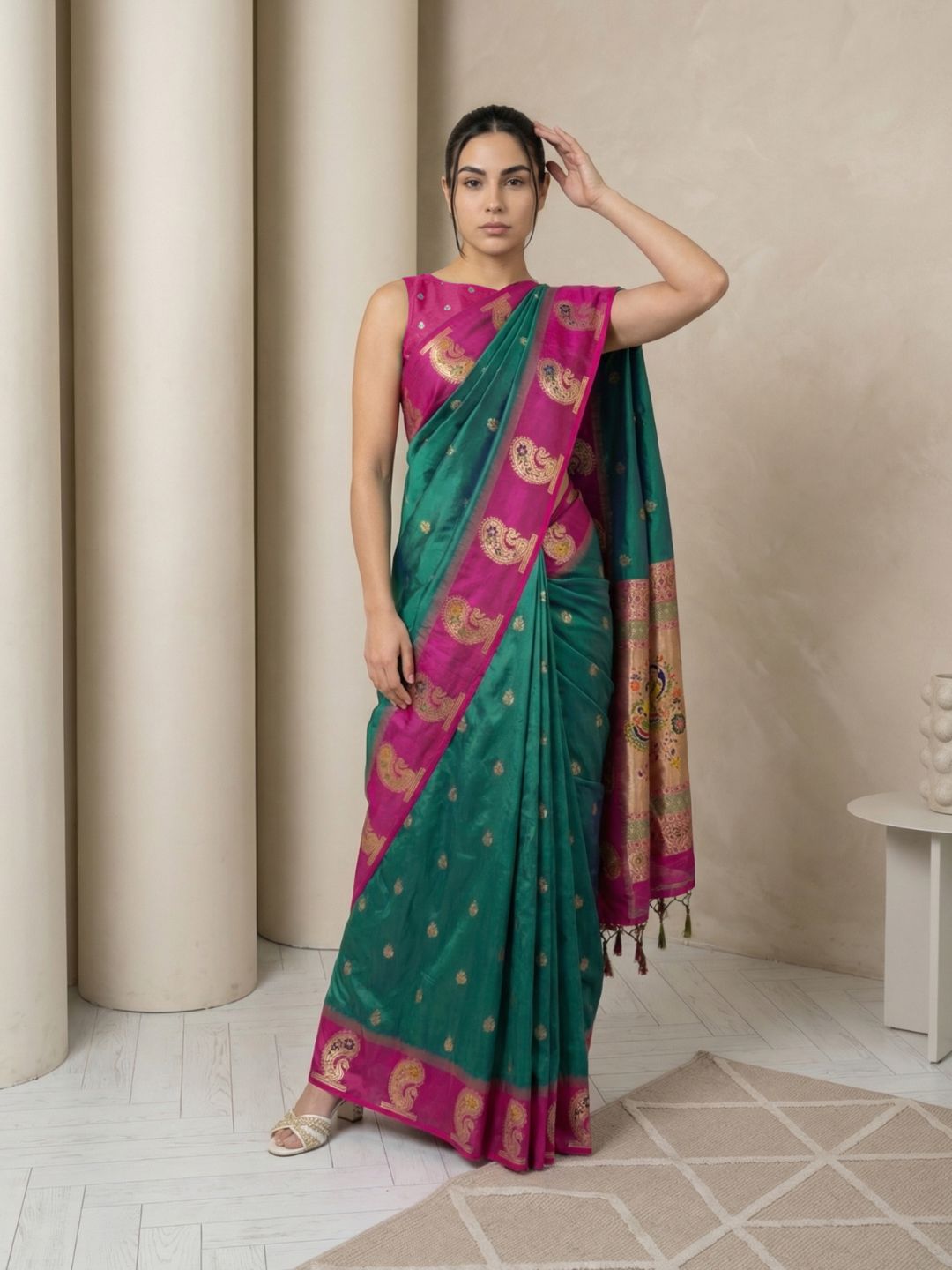 PGreen Soft Silk Paithani Saree Meenakari Peacock Motifs Zari Woven Swan Pallu Saree With Brocade Blouse