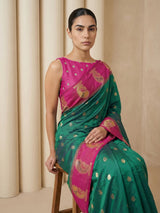 PGreen Soft Silk Paithani Saree Meenakari Peacock Motifs Zari Woven Swan Pallu Saree With Brocade Blouse