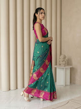 PGreen Soft Silk Paithani Saree Meenakari Peacock Motifs Zari Woven Swan Pallu Saree With Brocade Blouse