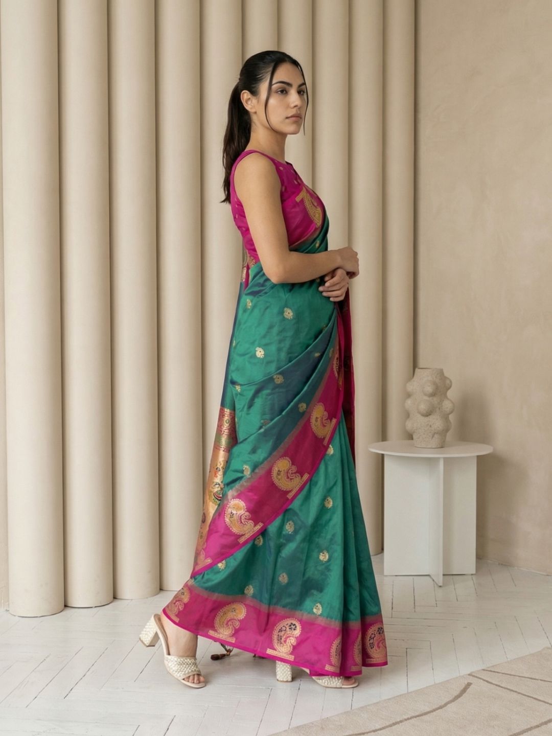 PGreen Soft Silk Paithani Saree Meenakari Peacock Motifs Zari Woven Swan Pallu Saree With Brocade Blouse