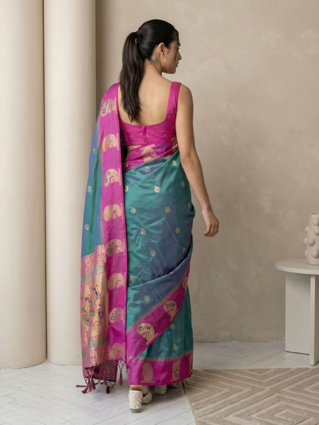 PGreen Soft Silk Paithani Saree Meenakari Peacock Motifs Zari Woven Swan Pallu Saree With Brocade Blouse