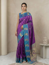 Purple Soft Silk Paithani Saree Meenakari Peacock Motifs Zari Woven Swan Pallu Saree With Brocade Blouse