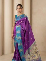 Purple Soft Silk Paithani Saree Meenakari Peacock Motifs Zari Woven Swan Pallu Saree With Brocade Blouse
