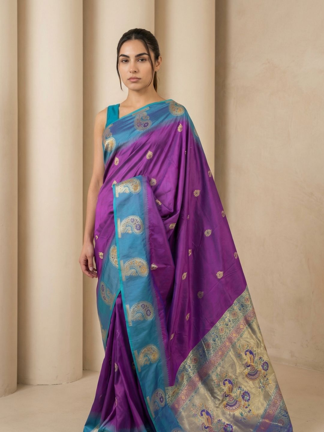 Purple Soft Silk Paithani Saree Meenakari Peacock Motifs Zari Woven Swan Pallu Saree With Brocade Blouse