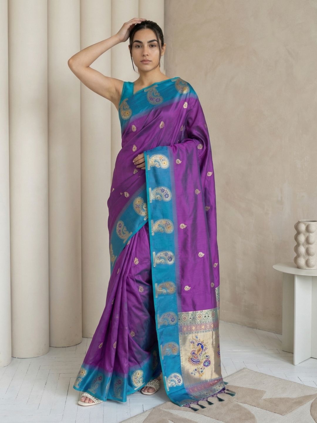 Purple Soft Silk Paithani Saree Meenakari Peacock Motifs Zari Woven Swan Pallu Saree With Brocade Blouse
