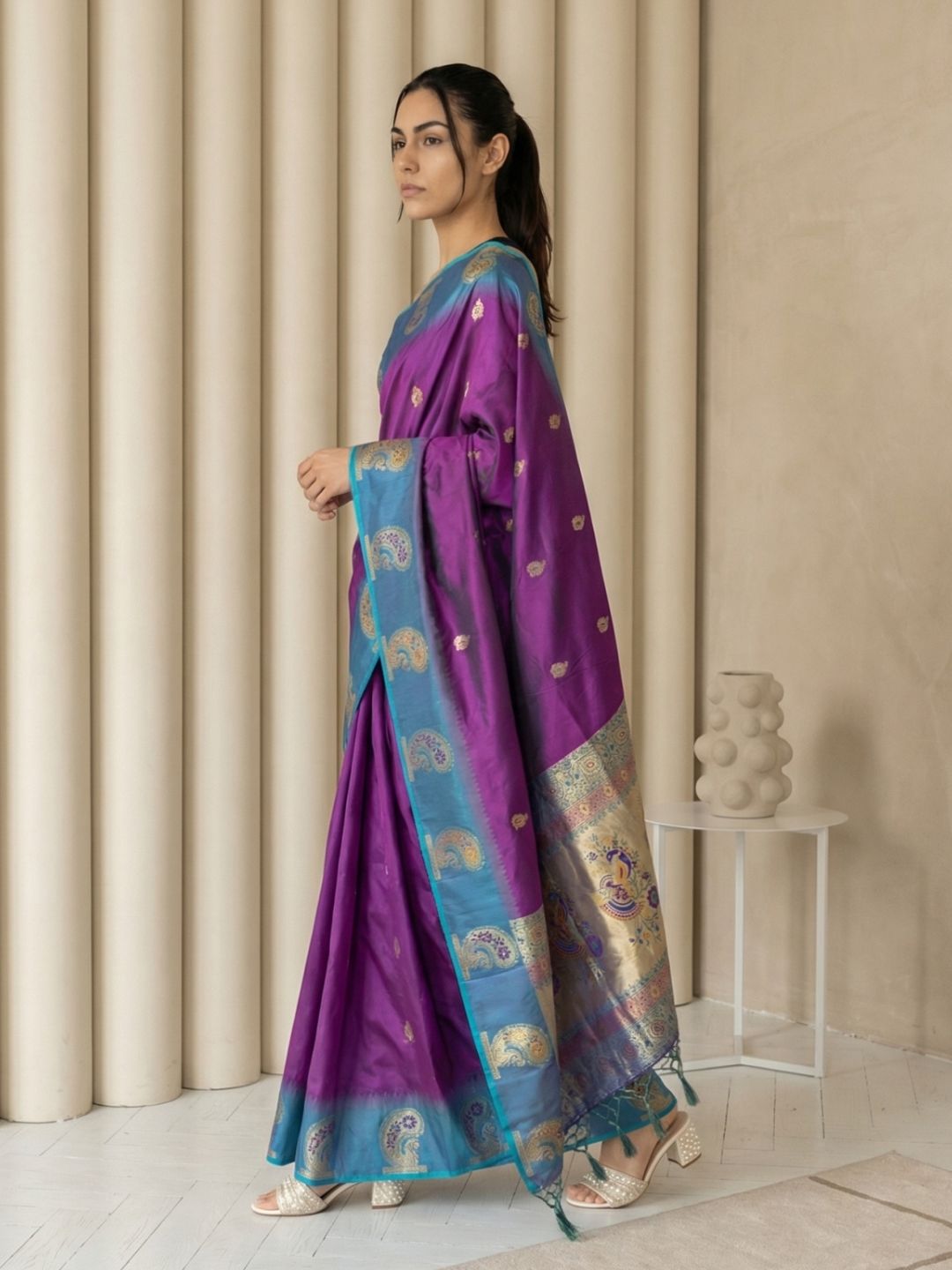 Purple Soft Silk Paithani Saree Meenakari Peacock Motifs Zari Woven Swan Pallu Saree With Brocade Blouse