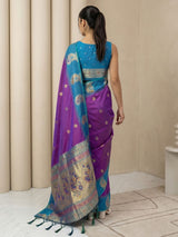 Purple Soft Silk Paithani Saree Meenakari Peacock Motifs Zari Woven Swan Pallu Saree With Brocade Blouse