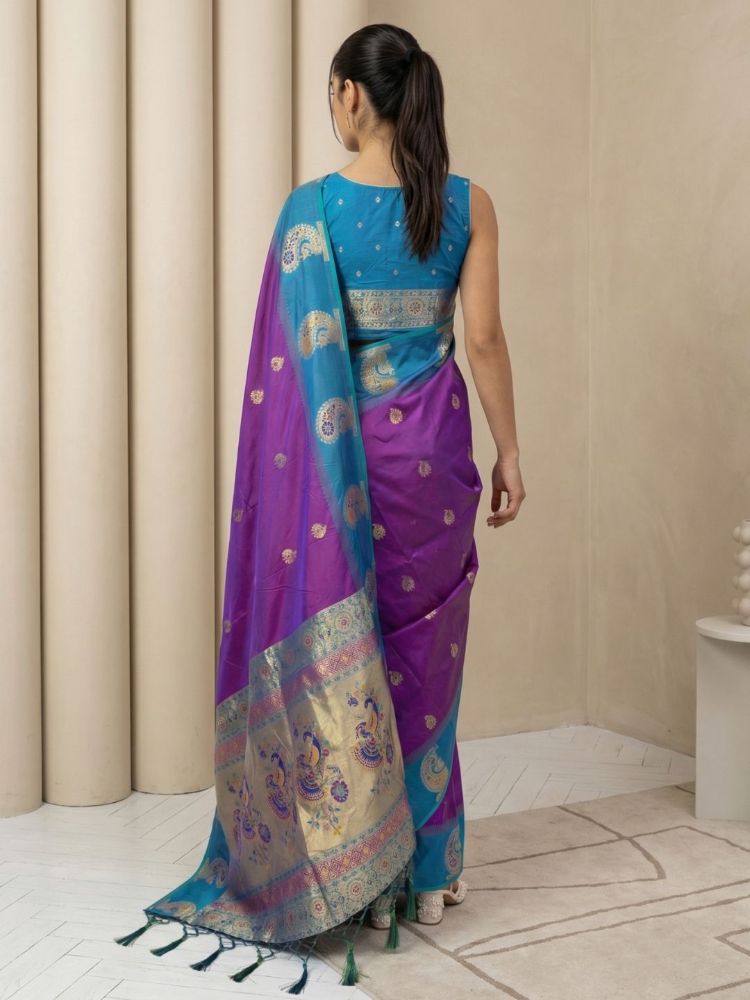 Purple Soft Silk Paithani Saree Meenakari Peacock Motifs Zari Woven Swan Pallu Saree With Brocade Blouse