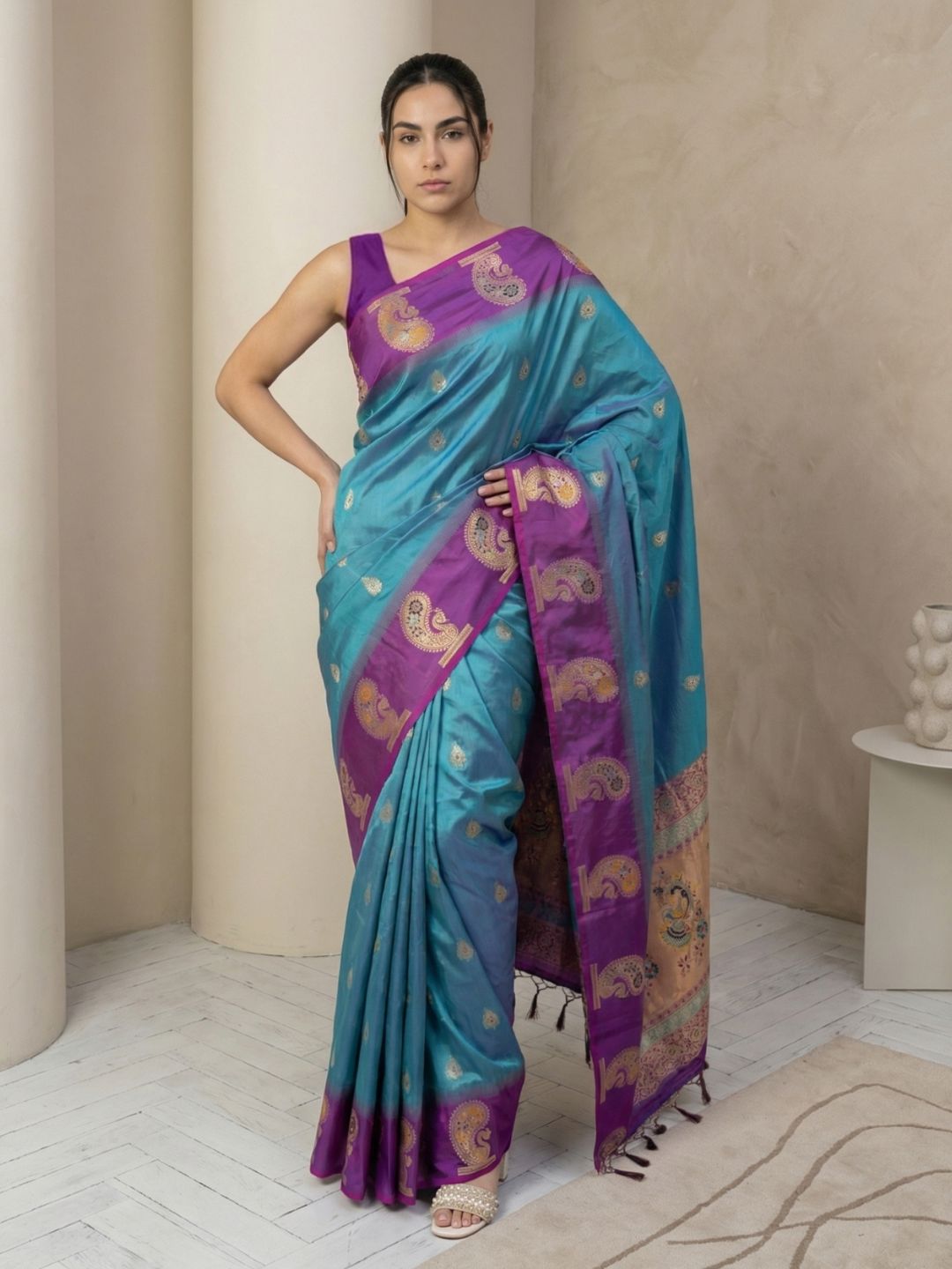 Rama Soft Silk Paithani Saree Meenakari Peacock Motifs Zari Woven Swan Pallu Saree With Brocade Blouse