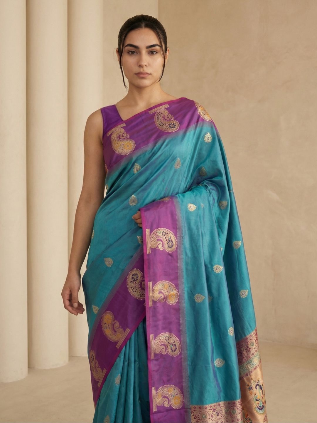 Rama Soft Silk Paithani Saree Meenakari Peacock Motifs Zari Woven Swan Pallu Saree With Brocade Blouse
