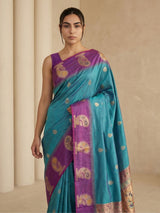 Rama Soft Silk Paithani Saree Meenakari Peacock Motifs Zari Woven Swan Pallu Saree With Brocade Blouse