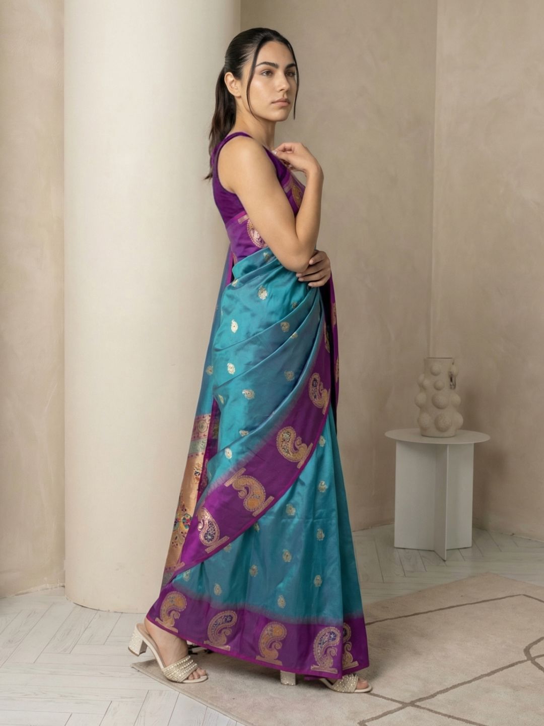 Rama Soft Silk Paithani Saree Meenakari Peacock Motifs Zari Woven Swan Pallu Saree With Brocade Blouse