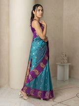 Rama Soft Silk Paithani Saree Meenakari Peacock Motifs Zari Woven Swan Pallu Saree With Brocade Blouse