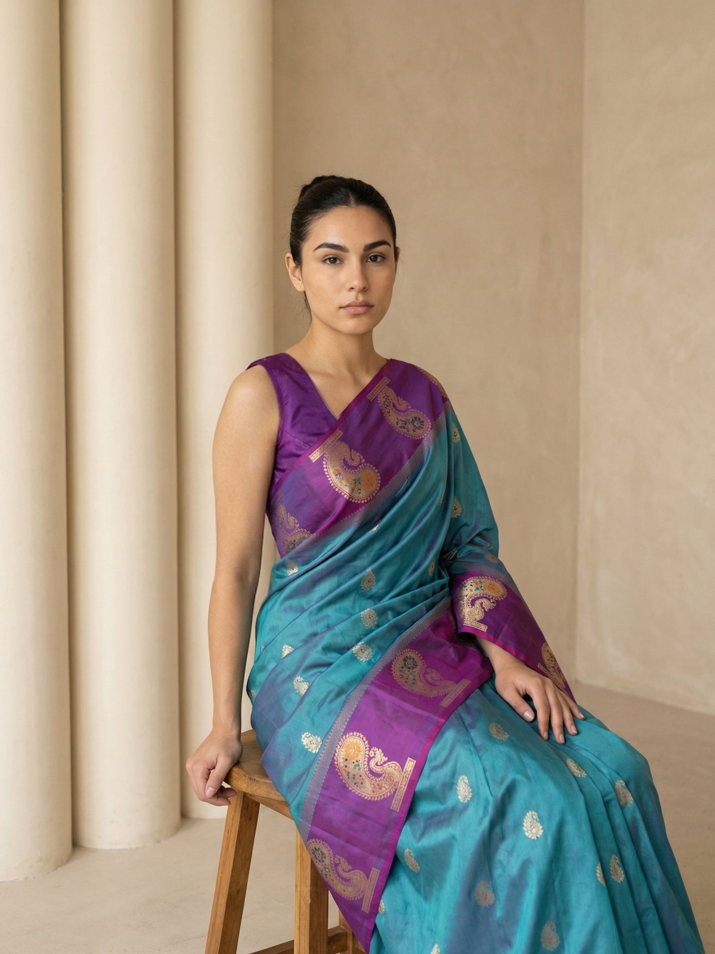 Rama Soft Silk Paithani Saree Meenakari Peacock Motifs Zari Woven Swan Pallu Saree With Brocade Blouse