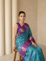 Rama Soft Silk Paithani Saree Meenakari Peacock Motifs Zari Woven Swan Pallu Saree With Brocade Blouse