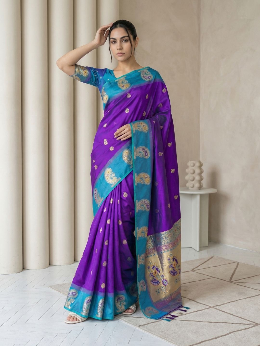 Wine Soft Silk Paithani Saree Meenakari Peacock Motifs Zari Woven Swan Pallu Saree With Brocade Blouse