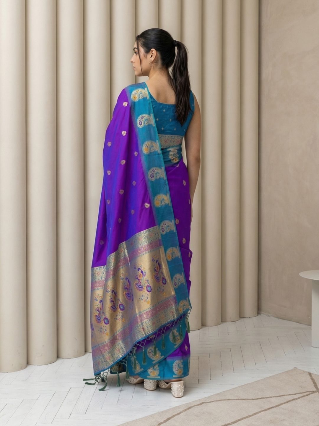 Wine Soft Silk Paithani Saree Meenakari Peacock Motifs Zari Woven Swan Pallu Saree With Brocade Blouse