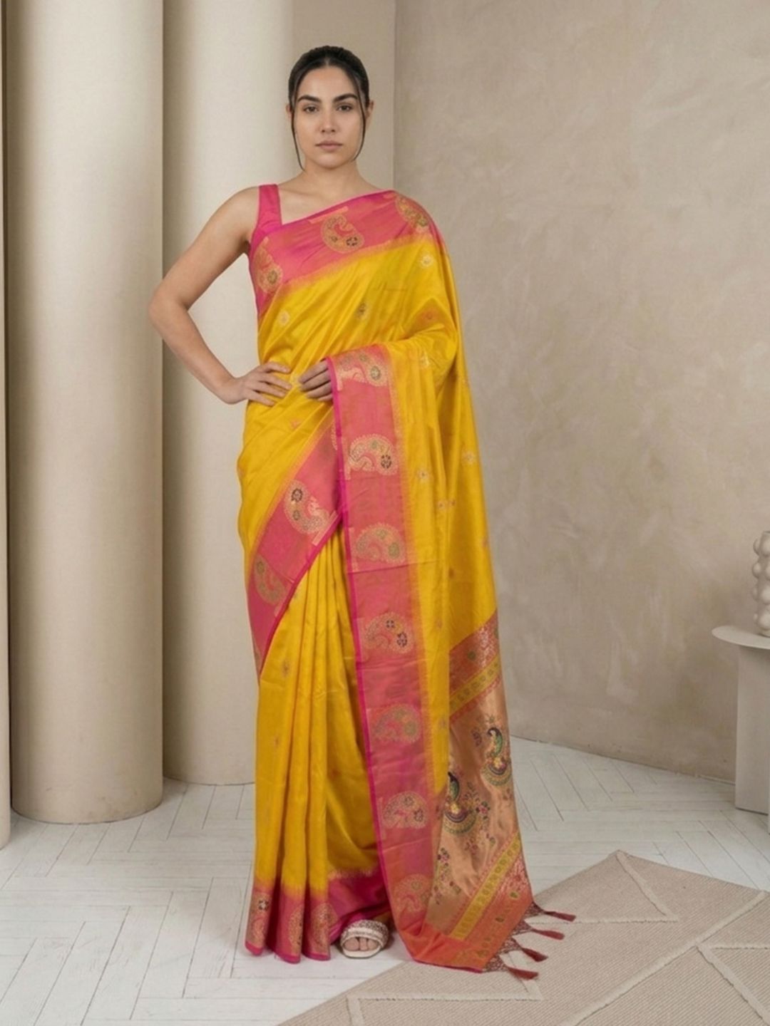Yellow Soft Silk Paithani Saree Meenakari Peacock Motifs Zari Woven Swan Pallu Saree With Brocade Blouse