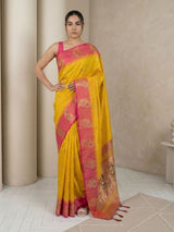 Yellow Soft Silk Paithani Saree Meenakari Peacock Motifs Zari Woven Swan Pallu Saree With Brocade Blouse