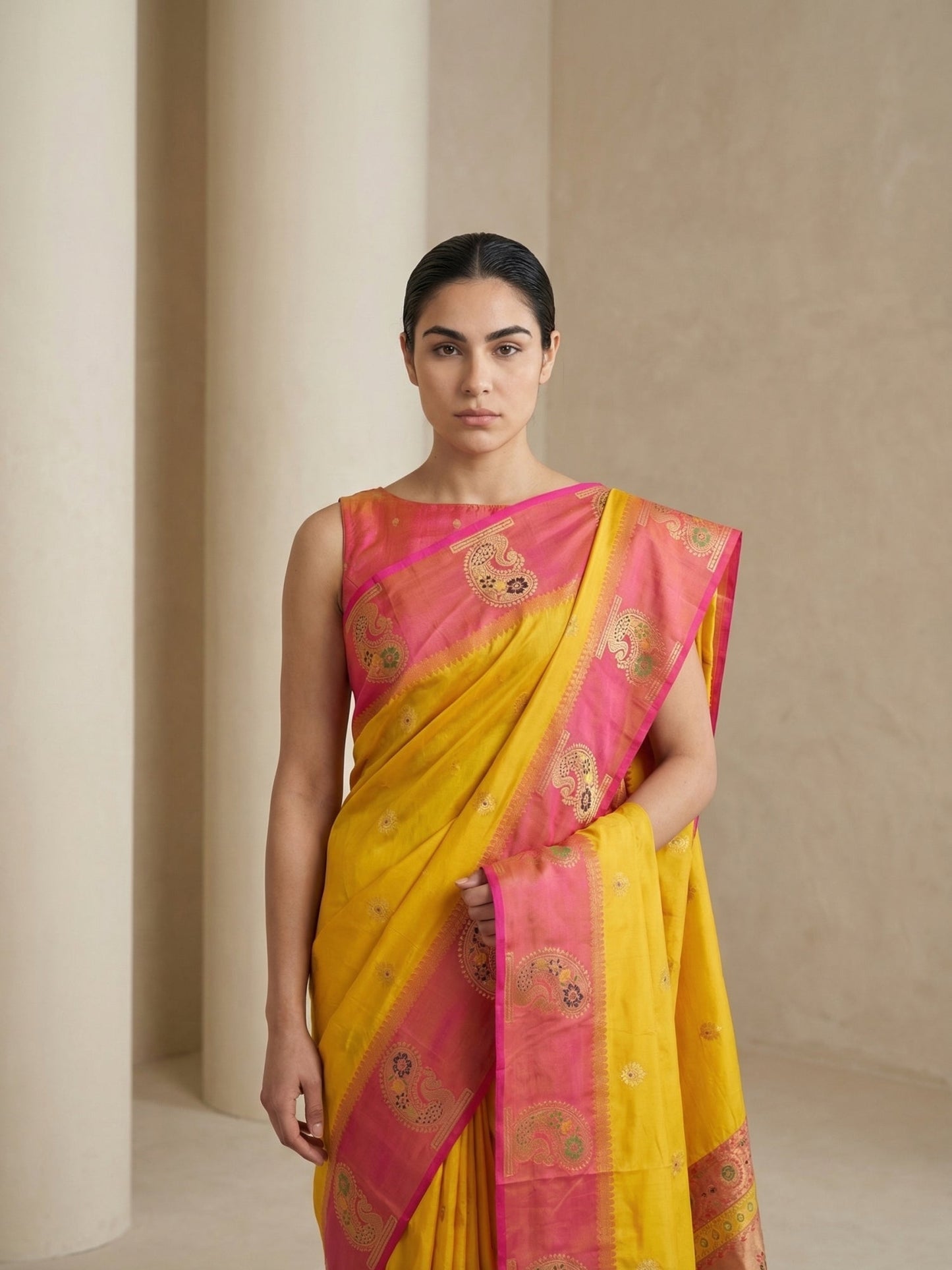 Yellow Soft Silk Paithani Saree Meenakari Peacock Motifs Zari Woven Swan Pallu Saree With Brocade Blouse