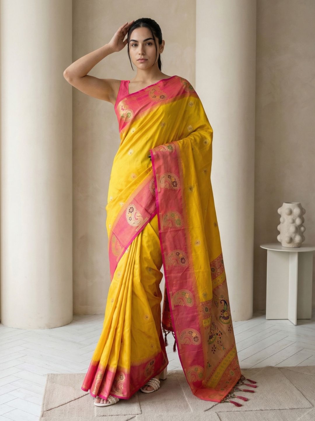 Yellow Soft Silk Paithani Saree Meenakari Peacock Motifs Zari Woven Swan Pallu Saree With Brocade Blouse