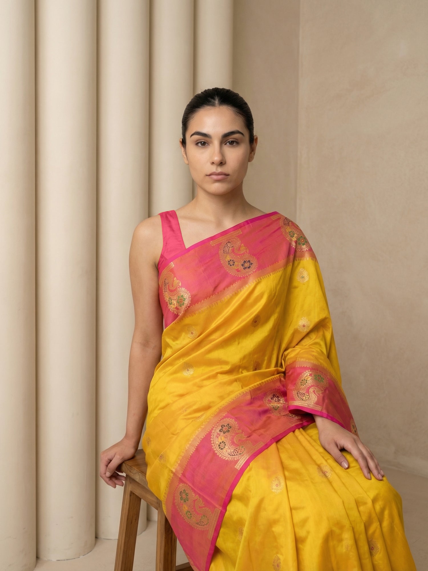 Yellow Soft Silk Paithani Saree Meenakari Peacock Motifs Zari Woven Swan Pallu Saree With Brocade Blouse
