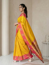 Yellow Soft Silk Paithani Saree Meenakari Peacock Motifs Zari Woven Swan Pallu Saree With Brocade Blouse