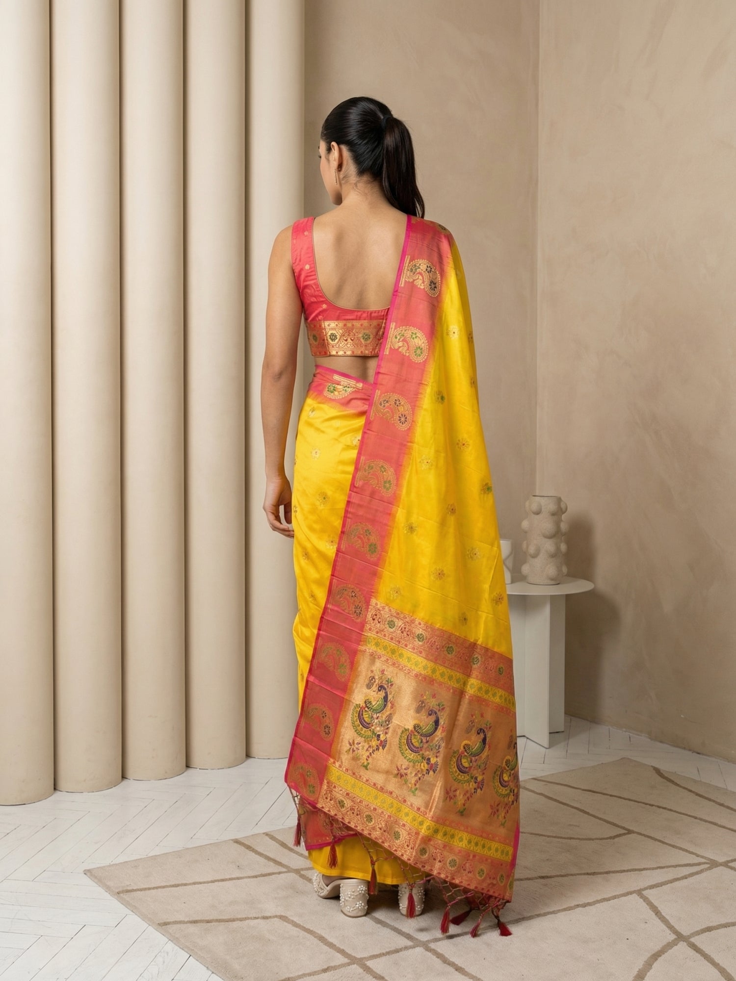 Yellow Soft Silk Paithani Saree Meenakari Peacock Motifs Zari Woven Swan Pallu Saree With Brocade Blouse