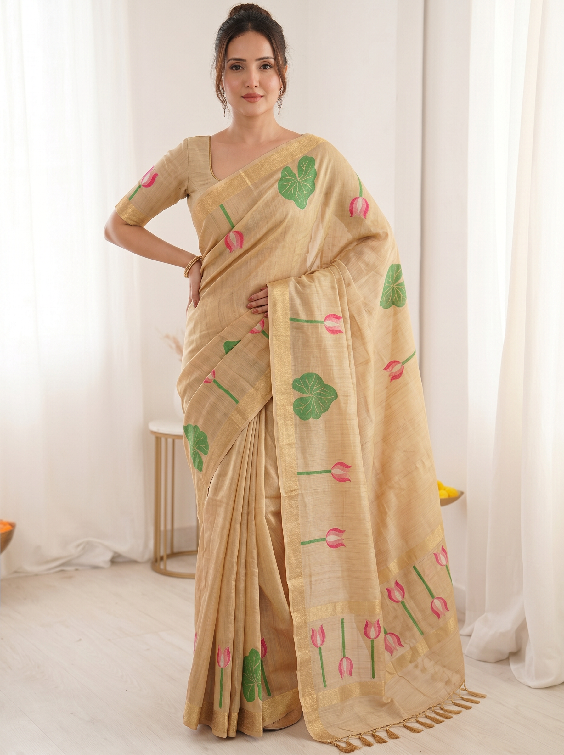 Chicko Premium Soft Linen Cotton Saree with Meenakari Lotus Pallu