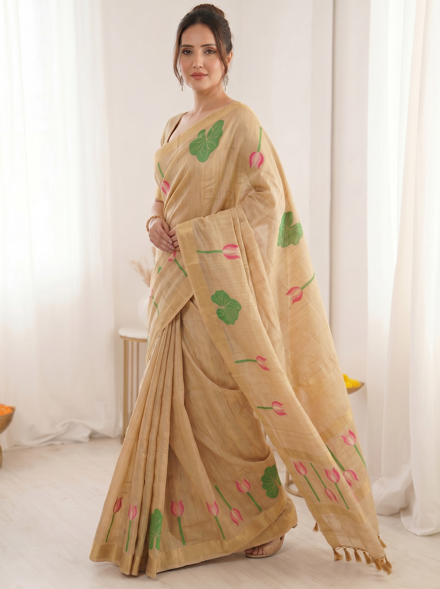Chicko Premium Soft Linen Cotton Saree with Meenakari Lotus Pallu